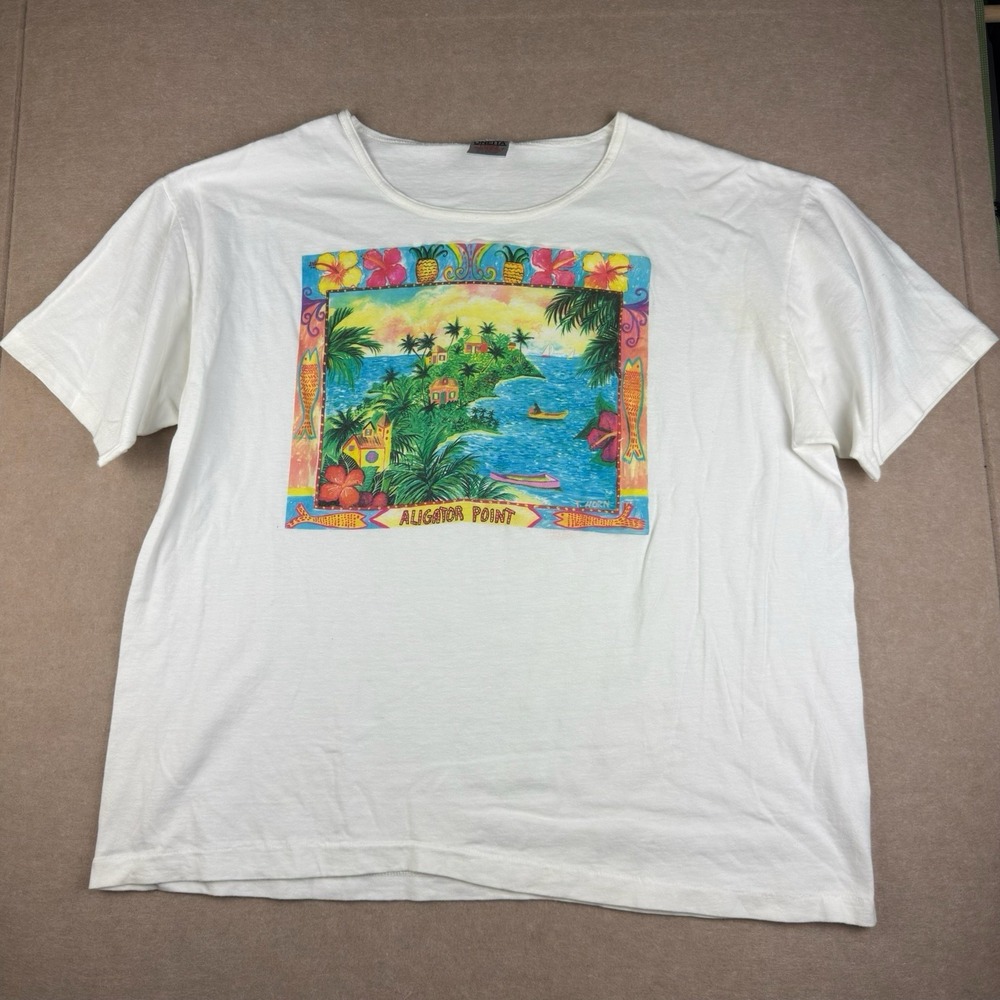 Vintage‎ Oneita Vacation Shirt XL White Alligator Point Beach Single Stitch USA